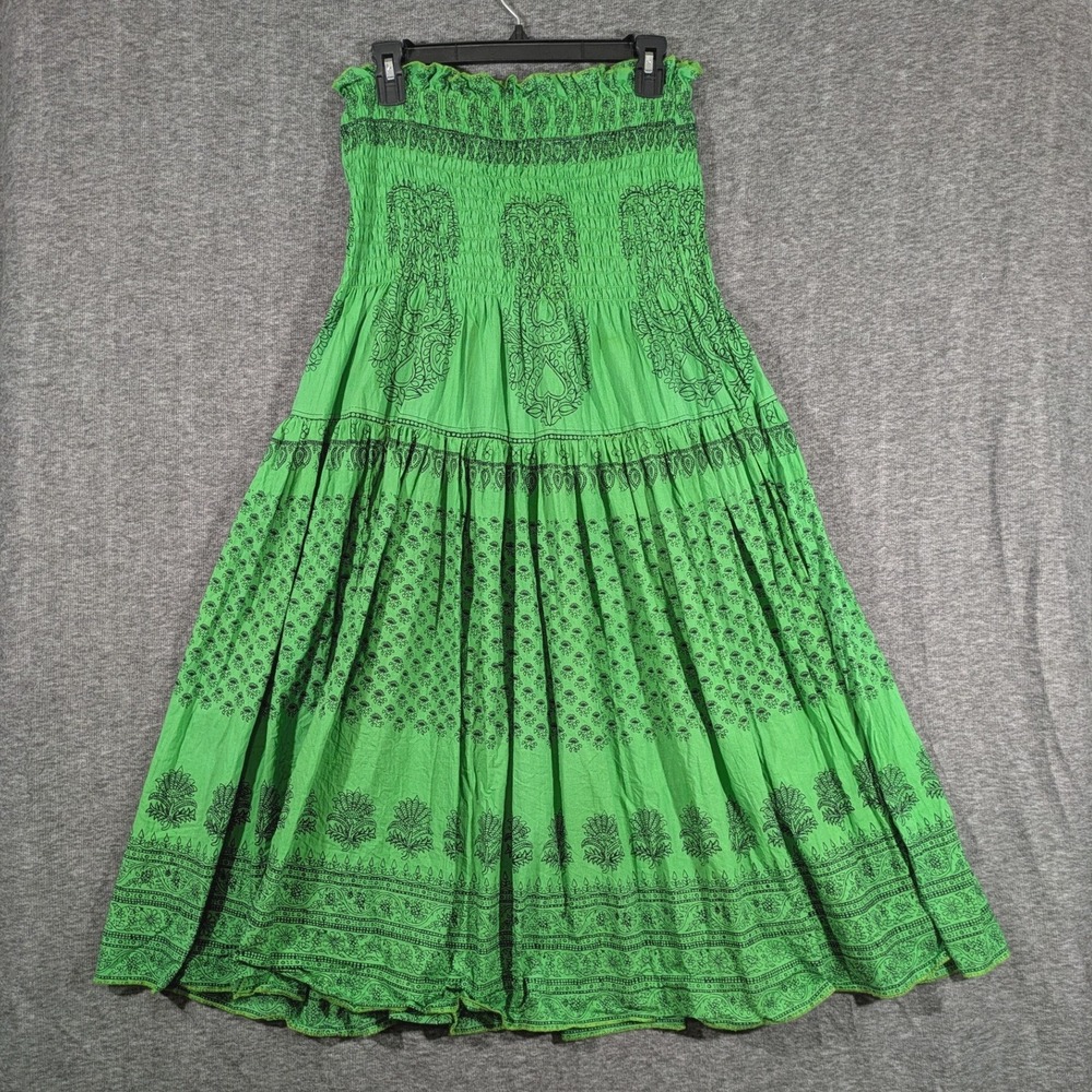 Vintage Patchington 2-in-1 Maxi Skirt Strapless Dress Green Cotton Boho Sz M